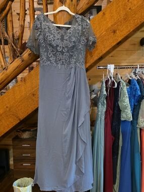 Gray Lace Appliqué Maxi Dress with Draped Skirt